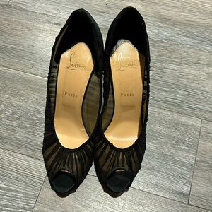 Christian Louboutin “Ambrosina” black ruched crepe open-toe satin heels. Size 42